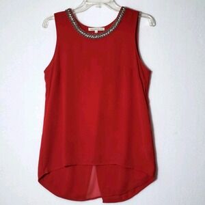 Daniel Rainn Embellished Chiffon Blouse S Red Beaded‎ Neckline Flowy Effortless